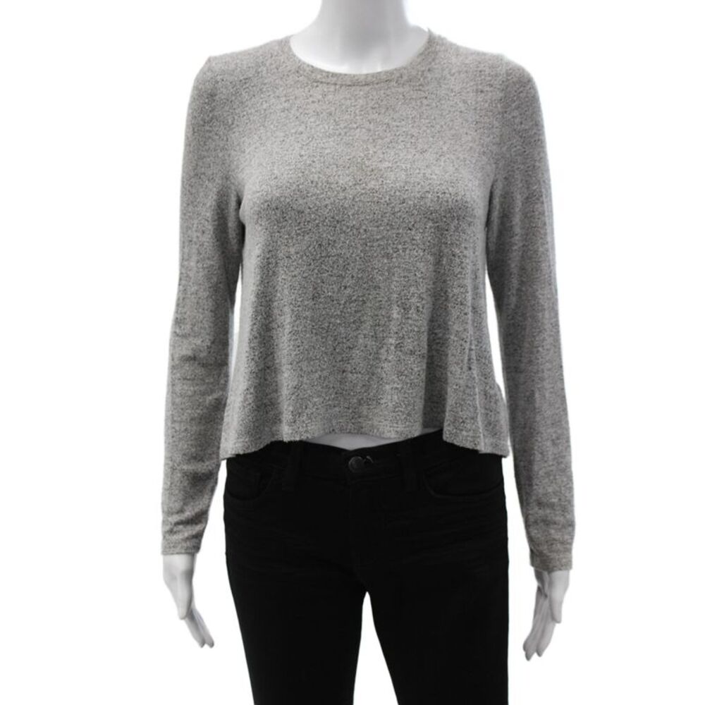McGuire Womens Cropped Casual Top Gray Long Sleeve Crew Neck Size S